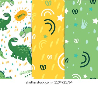 Seamless dinosaur pattern. Green Dino enjoy a walk and a good warm day. For registration of children's clothes, fabrics, cards, books. Style of comics and cartoons