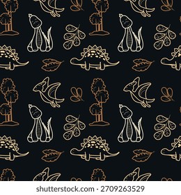 Seamless dinosaur pattern with hand-drawn outlines of dinosaurs, trees, and leaves in beige and brown tones on a dark background