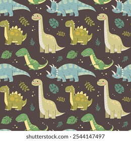 Seamless dinosaur pattern for kids. Drawing dinosaurs on brown background. Baby fabric swatch