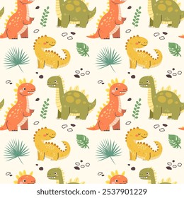 Seamless dinosaur pattern for kids. Drawn dinosaurs with tropical leaves on white background. Baby fabric swatch