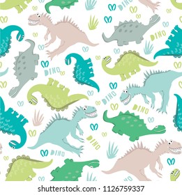 Seamless dinosaur pattern in pastel colors. Dinosaurs walking in a clearing. For the design of children's clothing, fabrics, cards, books. Style comics and cartoons