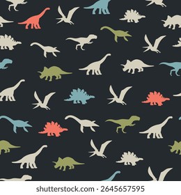 Seamless dinosaur pattern with silhouettes of T-Rex, Tyrannosaurus, Triceratops, Stegosaurus, Pterodactyl, and Ankylosaurus on a dark background. Vector illustration for prints and designs.