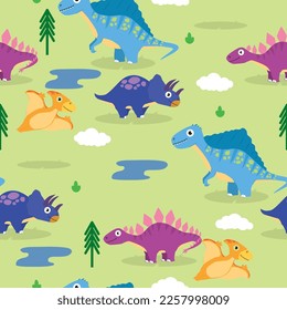 seamless dinosaur pattern with tree, clouds, and water ornament vector illustrations EPS10