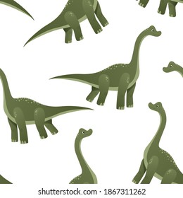Seamless dinosaur patterns are depicted on a white background. Colorful dinosaurs cartoon character illustration. Cute cartoon Jurassic dinosaur. Vector illustration
