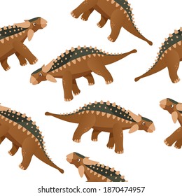 Seamless dinosaur patterns are depicted on a white background. Colorful dinosaur in cartoon style. Cute cartoon Jurassic dinosaur. Vector illustration