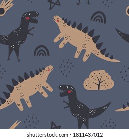 Seamless dinosaur patterns doodle hand drawn for boy. Use wrapping paper, fabric, background fill. Seamless texture with dinosaurs silhouette. Vector illustration