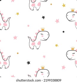 Seamless dinosaur princess pattern. Vector cute dino animal illustration for kids.
