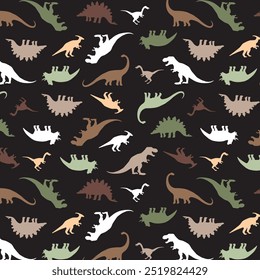 
Seamless dinosaur silhouette pattern. Repeating vector print with a variety of species of dinosaurs in green and brown on a black background. Apparel textile pattern. Hand drawn illustration.