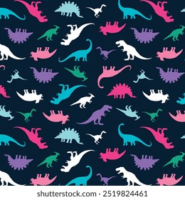 
Seamless dinosaur silhouette pattern. Repeating vector print with a variety of species of dinosaurs in pink, purple and blue on a navy background. Apparel textile pattern. Hand drawn illustration.