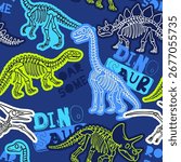 Seamless dinosaur skeleton pattern in bright neon colors on dark blue background, playful kids textile design