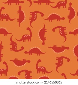 Patrón de dinosaurios sin foco. Cuidados dinosaurios de terracota. fondo naranja. textura vectorial. impresión de moda para textiles, papel pintado y embalaje.