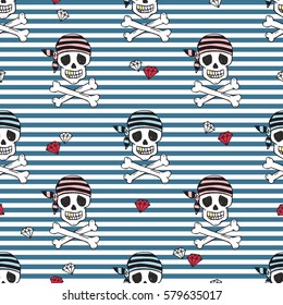 Seamless directed texture with sketch pirate skulls on striped background . Stylish doodle design elements. Jolly Roger. Funny characters. Maritime cartoon icons. Yo ho ho!