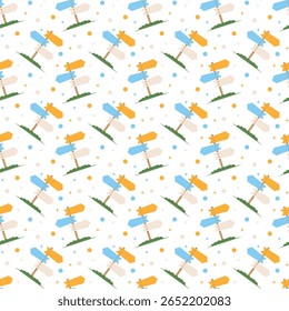 Seamless directional sign pattern for road trip vibes for wayfinding and adventure.