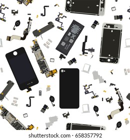 Seamless disassembled phone components vector background 