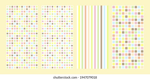 Seamless disco 80s vector pattern with circles squares lines. Trendy Background lines and mosaic grid. Bright cartoon or manga style repetitive simple pattern background for design, wrapping, paper. 