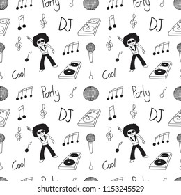 Seamless disco with Dj pose doodle