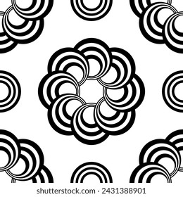 Seamless disco illusion style geometric pattern of circles. Black and white seamless pattern vector background