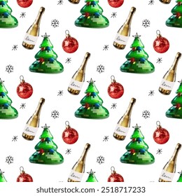 Seamless disco mirror ball template new year, Christmas tree, gift, caramel cane, santa hat. Mosaic style 