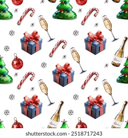 Seamless disco mirror ball template new year, Christmas tree, gift, caramel cane, santa hat. Mosaic style 
