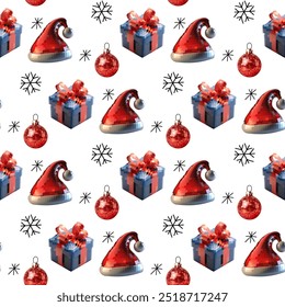 Plantilla de bola de espejo de discoteca sin costuras año nuevo, rojo, regalo, caña de caramelo, sombrero de santa. Estilo mosaico 