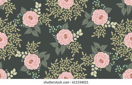 Seamless discreet pattern in small  flowers of antique roses. Chabby chic millefleurs. Floral deep green background for textile, wallpaper, covers, surface, print, gift wrap, scrapbooking, decoupage.