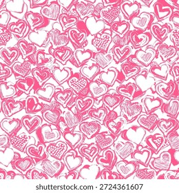 Patrón angustiado sin fisuras de corazones dibujados a mano. Fondo angustiado sin fin con una textura desgastada, desgastada y vintage. Grungy, Ilustración vectorial rayada para el Fondo de pantalla, papel de embalaje, o diseño textil.