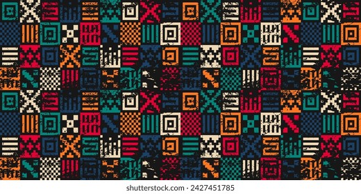 Vector afligido sin fisuras de patrón étnico mexicano en negro. Estampado de tela navajo indígena tribal rayado. Página web mexicana llenar Aztec sin costuras papel de envoltura popular. Fondo de la cuadrícula sacra del arte abstracto