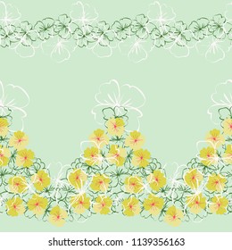 Seamless ditsy border in small cute wild flowers. Delicate bouquets. Liberty style millefleurs. Floral background for textile, wallpaper, pattern fills, covers, surface, print, wrap, scrapbooking