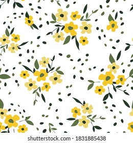 Seamless Ditsy Floral Pattern - All Over Hand Drawn Daisy Flowers Print - Colorful Blossoms with Dots Illustration Vector 