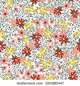 Seamless Ditsy Floral Pattern - All Over Hand Drawn Daisy Flowers Print - Colorful Blossoms with Dots Background Illustration Vector 