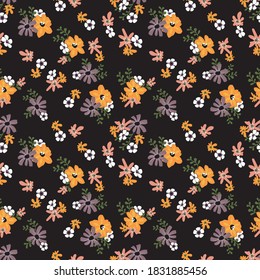 Seamless Ditsy Floral Pattern - All Over Hand Drawn Daisy Flowers Print - Colorful Chamomiles and Roses with Leaves Illustration Vector 