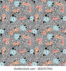 Seamless Ditsy Floral Pattern - All Over Hand Drawn Daisy Flowers Print - Colorful Blossoms Illustration Vector Dots Background