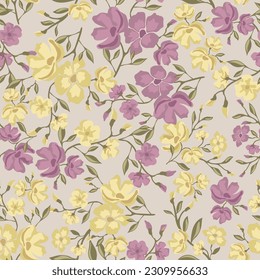 Seamless Ditsy Floral Pattern - All Over Hand Drawn Daisy Wild Flowers Print - Colorful Blossoms and Leaves Illustration Vector 