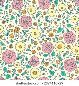 Seamless ditsy floral pattern with beige background. Hand drawn nature backdrop with tiny flowers motif.