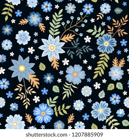 Seamless ditsy floral pattern with blue flowers on black background. Fashion print for fabric. Vector illustration.