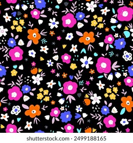 Nahtloses, vereinzeltes Blumenmuster. Botanische Vektortextur für Textilien, Bekleidung. Kleine Blumen auf dunklem Hintergrund.