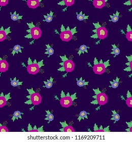 Seamless ditsy floral pattern with bright colorful flowers and leaves on black background in naive folk style. Summer template for fashion prints in vector.