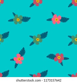 Seamless ditsy floral pattern with bright colorful flowers and leaves on black background in naive folk style. Summer template for fashion prints in vector.