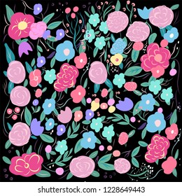 Seamless ditsy floral pattern with bright colorful flowers and leaves on black background in naive folk style. Summer template for fashion prints in vector.