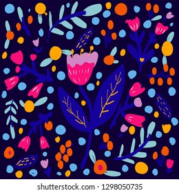 Seamless ditsy floral pattern with bright colorful flowers and leaves on black background in naive folk style. Summer template for fashion prints in vector.