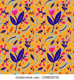 Seamless ditsy floral pattern with bright colorful flowers and leaves on black background in naive folk style. Summer template for fashion prints in vector.