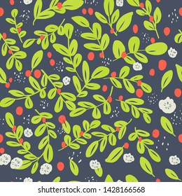 Seamless ditsy floral pattern with bright colorful flowers and leaves on black background in naive folk style. Summer template for fashion prints in vector.