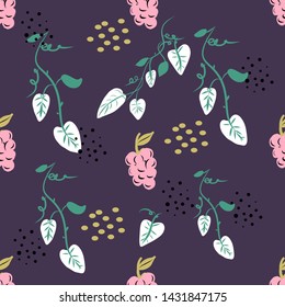 Seamless ditsy floral pattern with bright colorful flowers and leaves on black background in naive folk style. Summer template for fashion prints in vector.