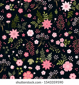Seamless ditsy floral pattern with cute pink flowers and green leaves on black background. Fashion design.