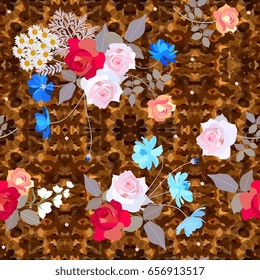 Seamless ditsy floral pattern with cute bouquets of roses, cosmos and bell flowers on ornate brown background.