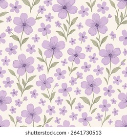 Seamless ditsy floral pattern with delicate lavender purple flowers and sage green leaves on a cream background. A soft, pretty, and romantic botanical illustration ideal for textiles and stationery.