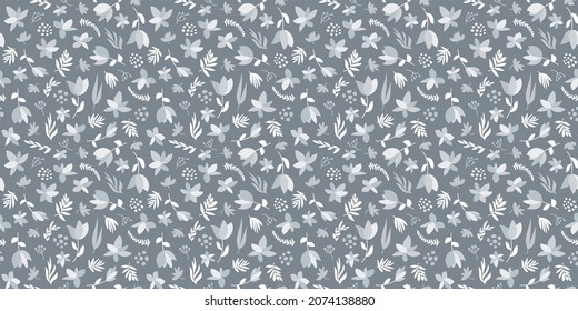 Seamless ditsy floral pattern in dusty blue and silver gray. All-over botanical repeat. 