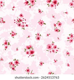 Seamless ditsy floral pattern featuring small, scattered pink and magenta flowers with green leaves on a light background. Perfect for textile design, fashion prints, wrapping paper, and spring-themed