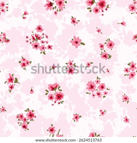 Seamless ditsy floral pattern featuring small, scattered pink and magenta flowers with green leaves on a light background. Perfect for textile design, fashion prints, wrapping paper, and spring-themed