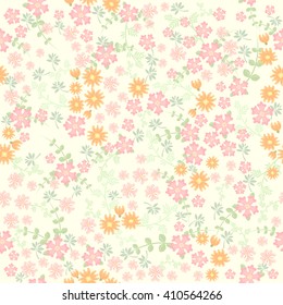 Seamless ditsy. Floral pattern. Flowers on beige background. Vector illustration.